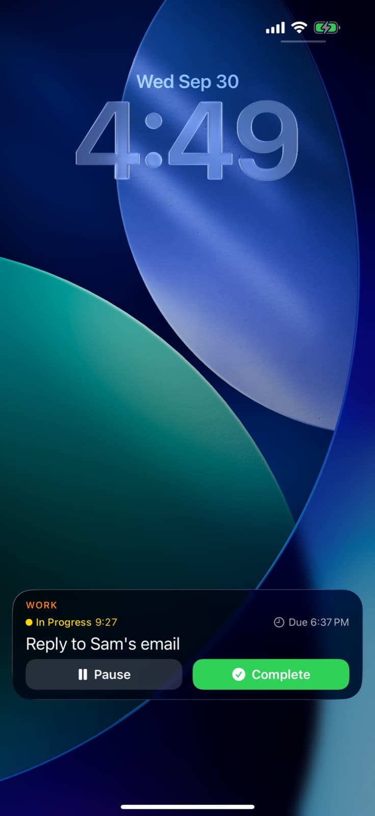 TONT running on an iPhone Lock Screen, showing a live timer for the task Reply to Sam's email