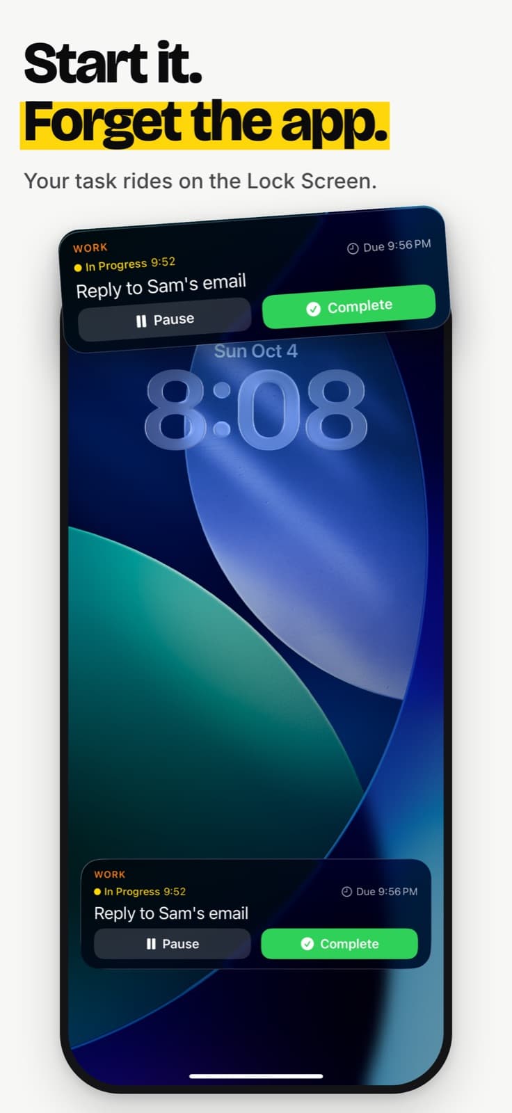 TONT Live Activity on the Lock Screen: Start it. Forget the app.