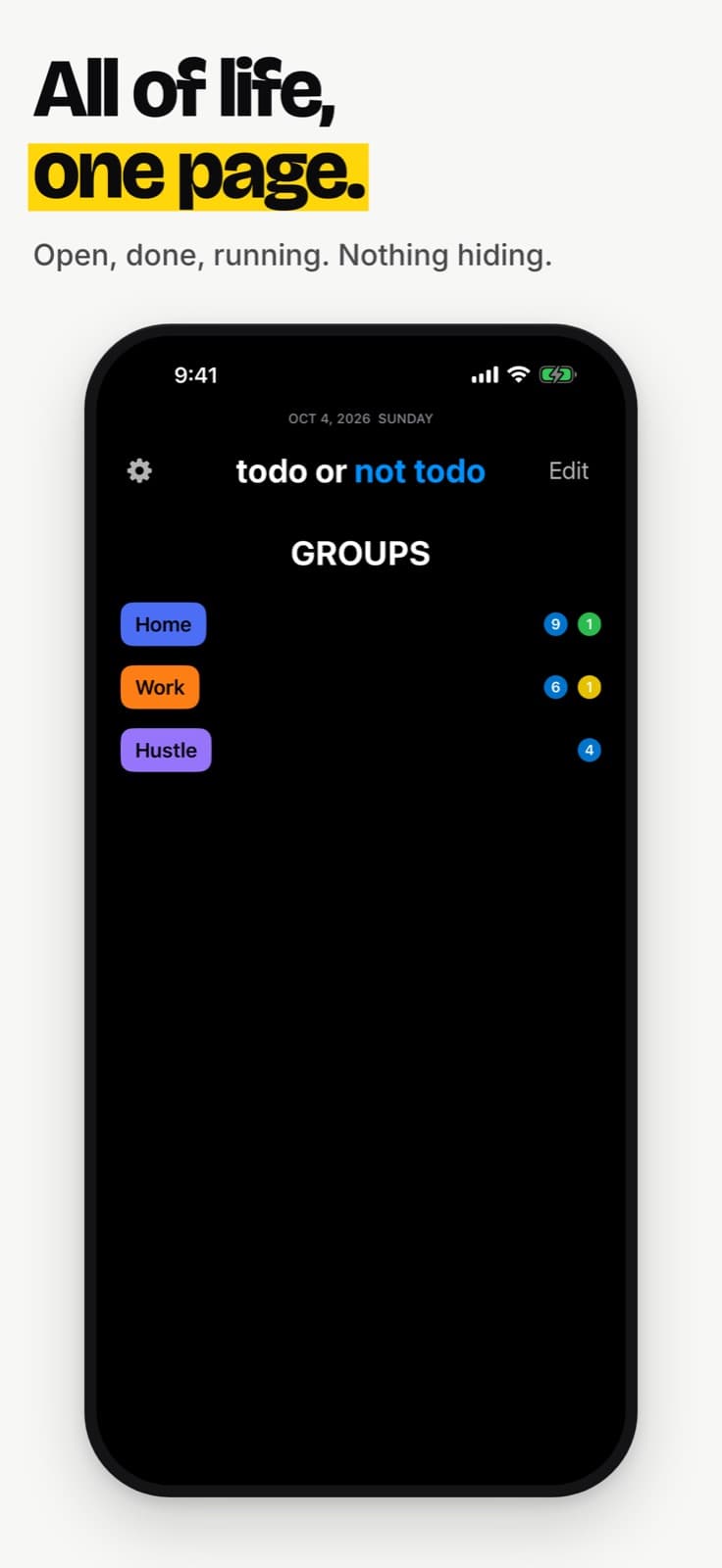 TONT Groups page listing Home, Work and Hustle: All of life, one page.
